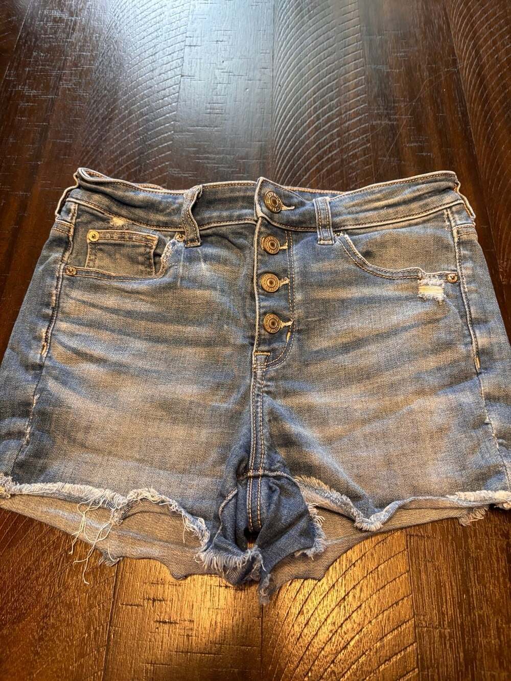 American Eagle Next Level Stretch Denim Shorts Size 8 Blue Distressed Button Fly